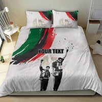 White bedding set featuring “YOUR TEXT” and black-and-white figures with red and green streaks