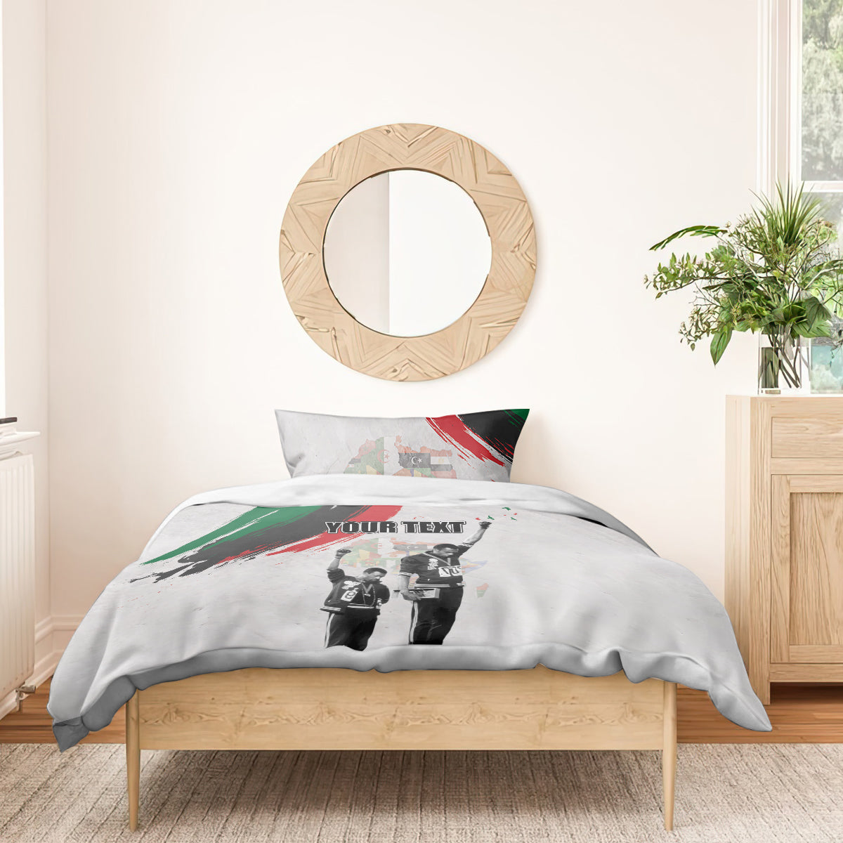 White comforter and pillow with “YOUR TEXT,” black-and-white figures, and red/green brush marks