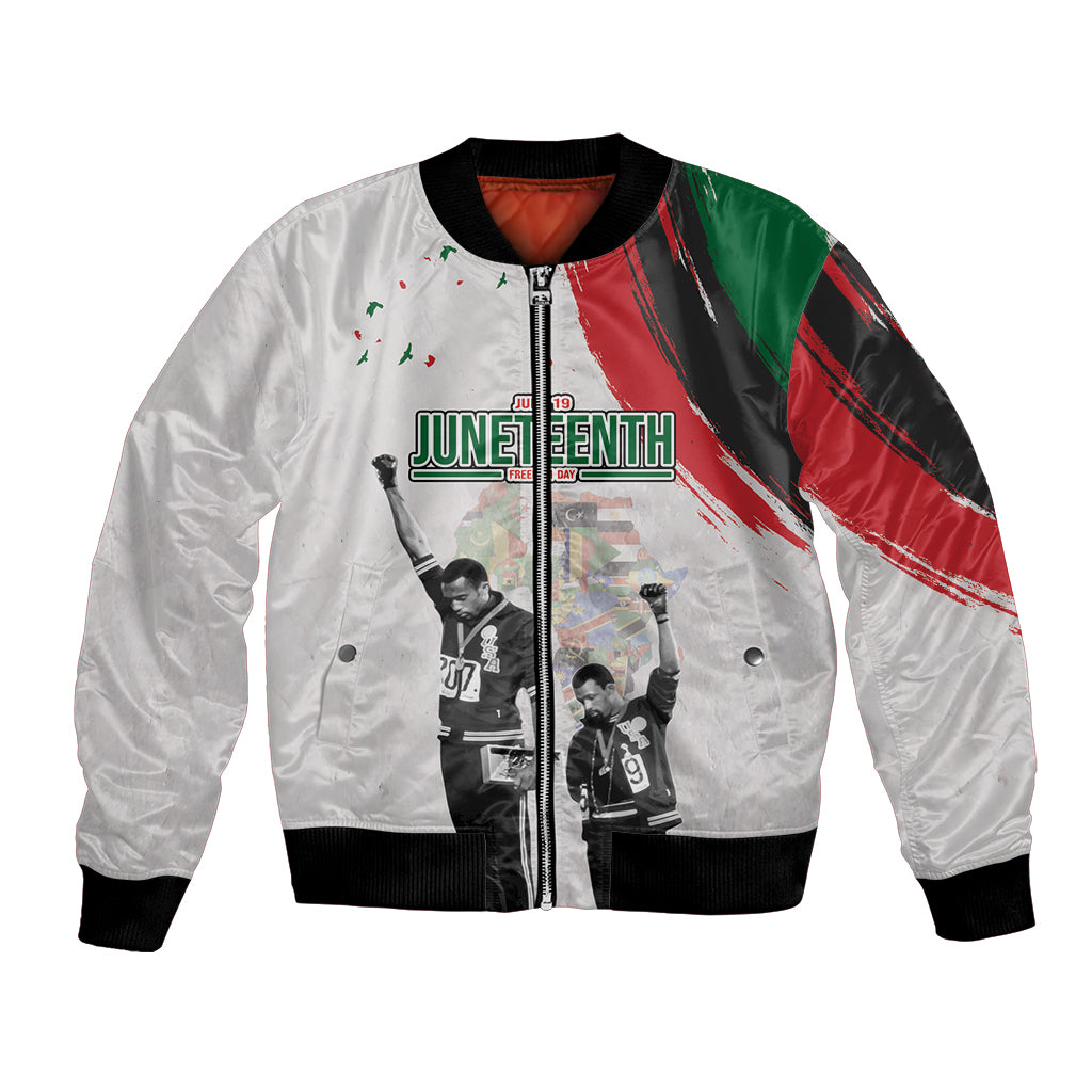 Personalized Juneteenth bomber jacket, white with black ribs and zip; front graphic collage
