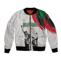 Personalized Juneteenth bomber jacket, white with black ribs and zip; front graphic collage