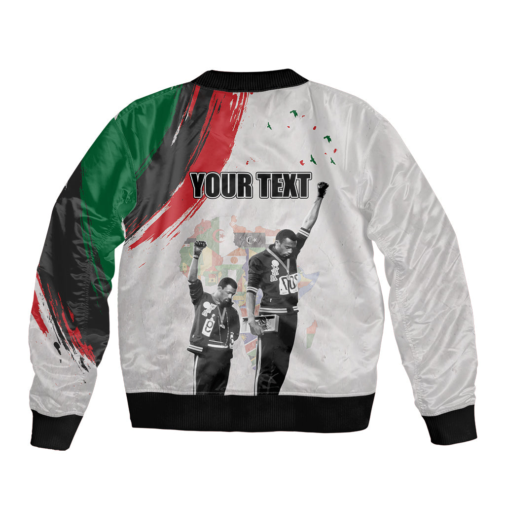 Personalized Juneteenth bomber jacket, white/black with back print and "YOUR TEXT"