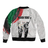 Personalized Juneteenth bomber jacket, white/black with back print and "YOUR TEXT"