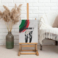 Personalized canvas wall art on an easel with “YOUR TEXT” and two standing figures in black