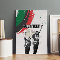 Personalized canvas wall art featuring “YOUR TEXT” and two men with raised fists, red and green strokes