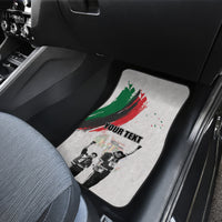 Car floor mat on rear seat, white with green/red brush graphic and YOUR TEXT