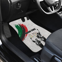 Single car floor mat on rear seat, white with green/red brush graphic and YOUR TEXT