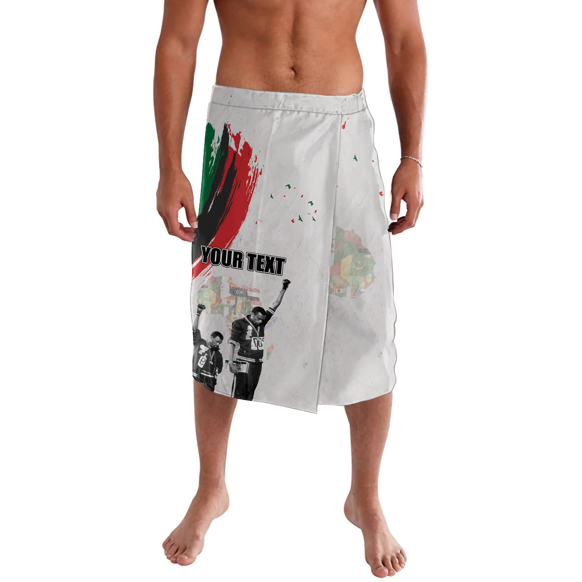 White lavalava shorts with red/green graphic and 'YOUR TEXT' print