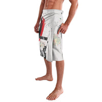 White lavalava shorts with side 'YOUR TEXT' graphic and illustrated figure