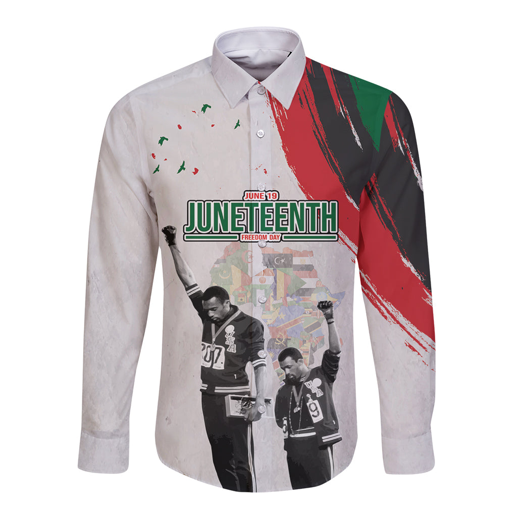 White long-sleeve button shirt with Juneteenth graphic on the front