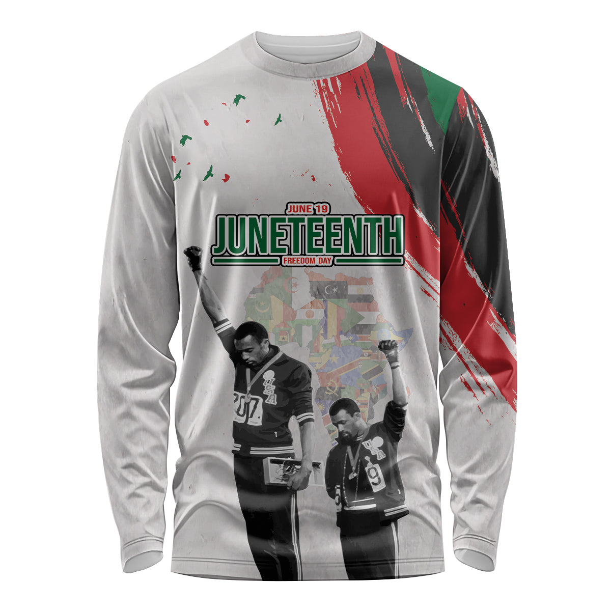 White long-sleeve shirt with Juneteenth June 19 graphic and flag-style paint splashes