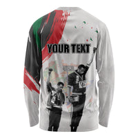 White long-sleeve shirt with back graphic and 'YOUR TEXT' over Juneteenth scene