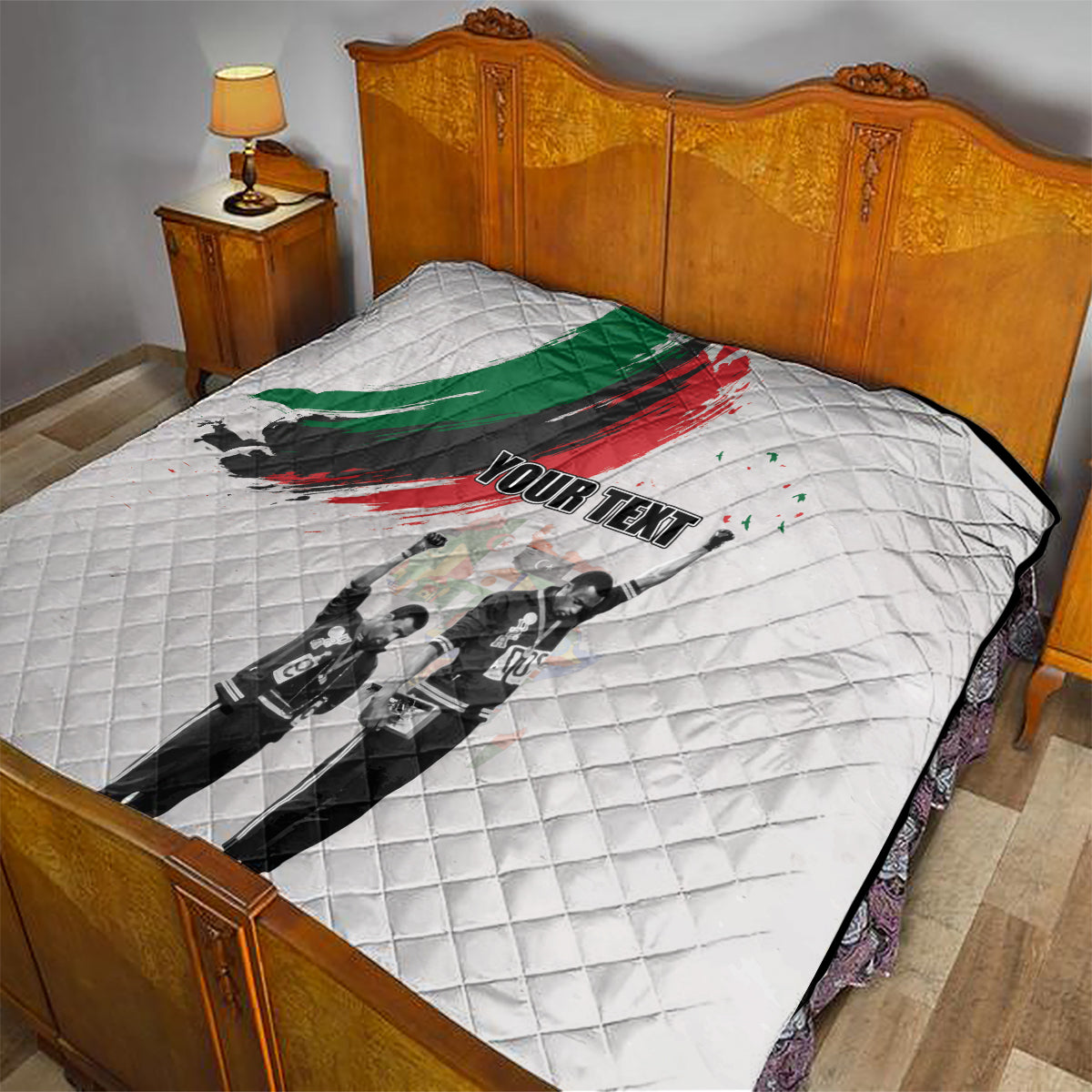 White quilt on wooden bed with green/red brushstroke, black-and-white figures, 'YOUR TEXT'