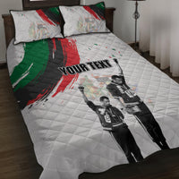 Quilt bed set with white quilt and two matching pillows, photo figures, green and red stripe art