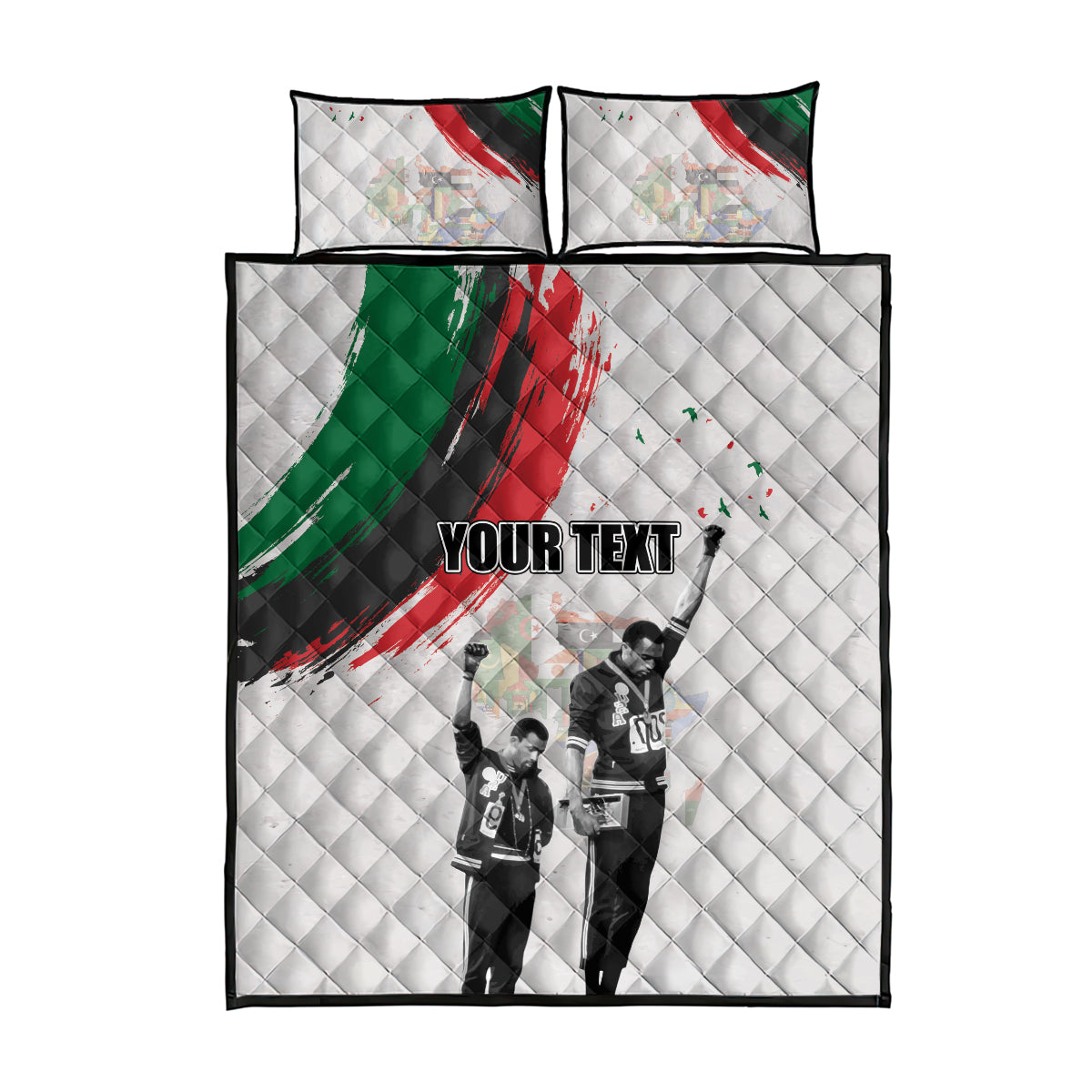 Quilt bed set with white quilt and two pillows, green-red brush stripes, black-and-white photo
