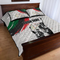 Quilt bed set with white quilt, green-red stripe design, black-and-white photo, “YOUR TEXT”