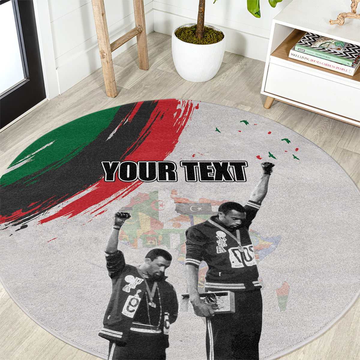 Round gray carpet with green and red brush stripes and raised-fist photo print