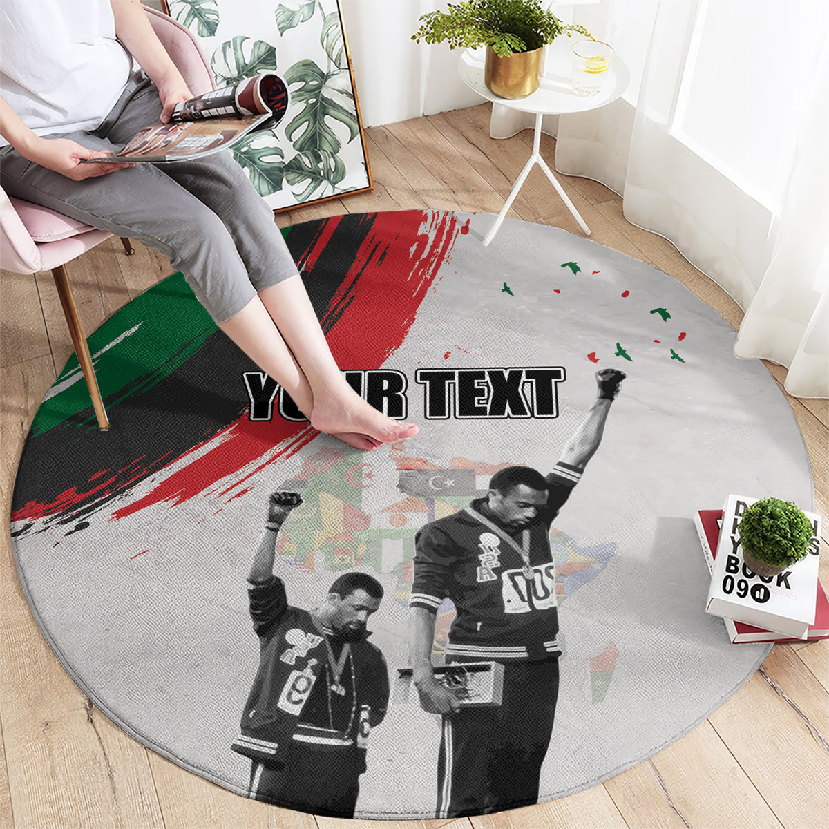 Round gray rug with 'YOUR TEXT' in black over vintage freedom-day salute image