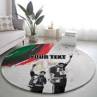 Round gray carpet with 'YOUR TEXT' and freedom-day parade graphic, green red accents