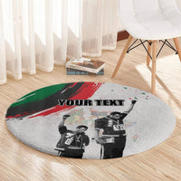 Round gray carpet with 'YOUR TEXT' centered and black-and-white freedom-day salute photo