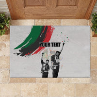 Rectangular gray rubber doormat, green and red brush design, 'YOUR TEXT' and silhouettes