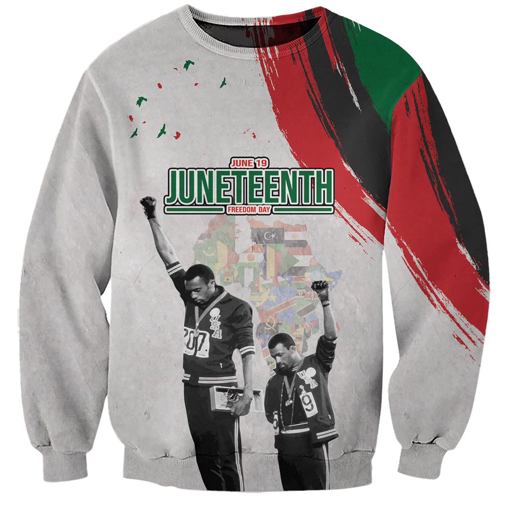 Heather gray personalized Juneteenth sweatshirt with 'Juneteenth Freedom Day' graphic
