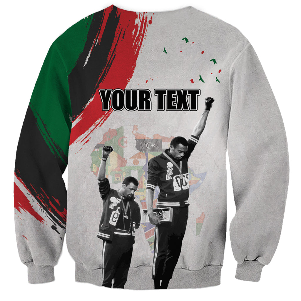 Heather gray personalized Juneteenth sweatshirt with 'YOUR TEXT' placeholder graphic