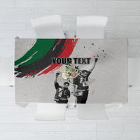 Personalized Juneteenth tablecloth with 'YOUR TEXT' header over black-and-white scene, green/red accents
