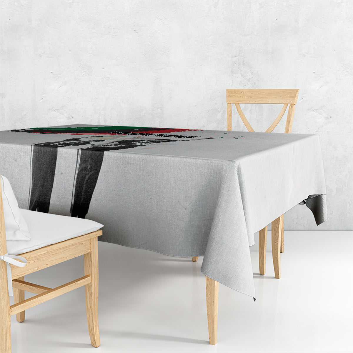 Personalized Juneteenth tablecloth, light gray with black-and-white figure graphic and green/red sweep