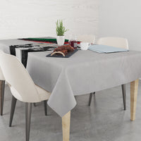 Personalized Juneteenth tablecloth, light gray with black-and-white portrait design and green/red brush
