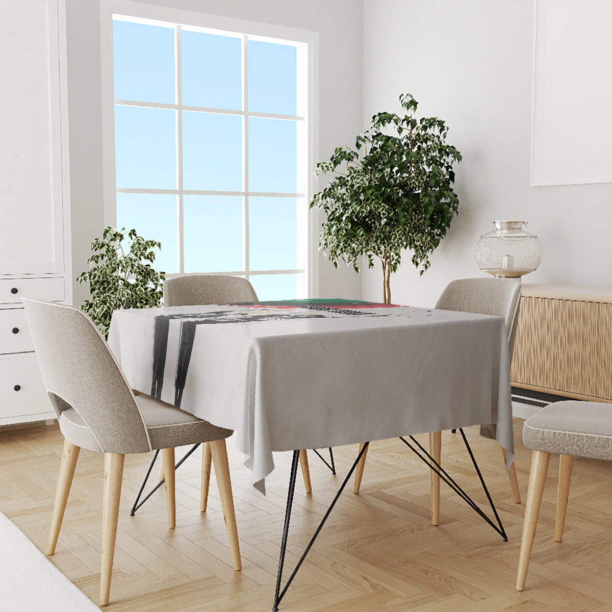 Personalized Juneteenth tablecloth, light gray with black-and-white figure design and green/red banner