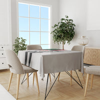 Personalized Juneteenth tablecloth, light gray with black-and-white figure design and green/red banner