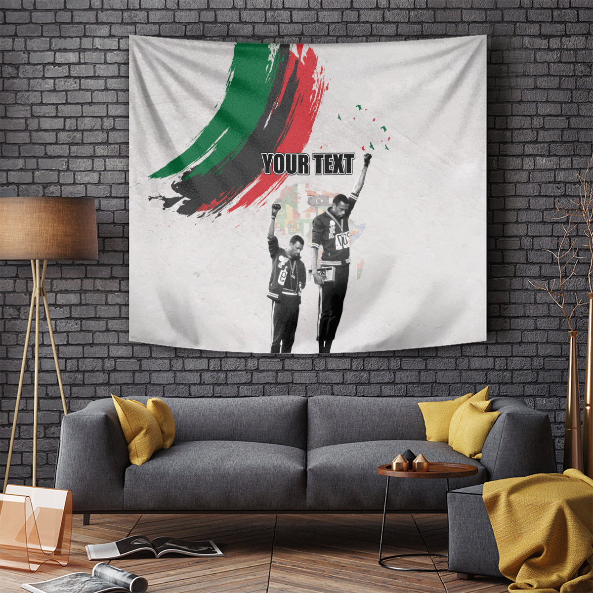 Personalized Juneteenth tapestry, off-white with green red brush stroke and black-and-white leaders