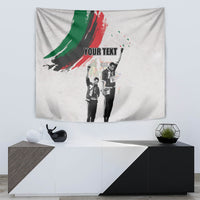 Personalized Juneteenth tapestry on off-white fabric, green red brush stroke, raised-figure print
