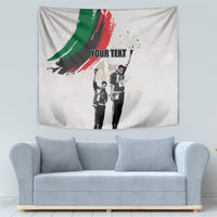 Personalized Juneteenth tapestry, off-white fabric with green red brush arc and YOUR TEXT