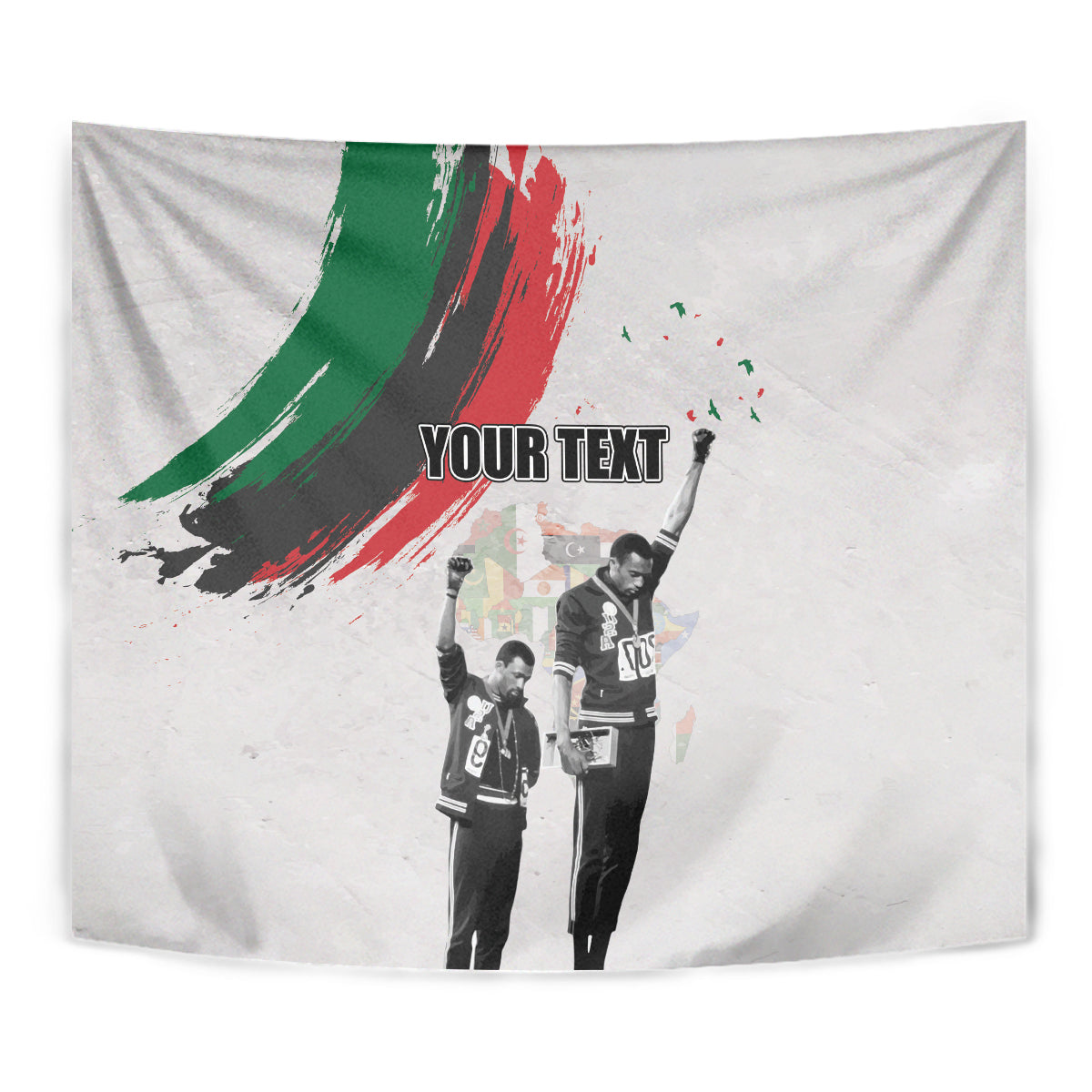 Personalized Juneteenth tapestry close view: off-white, green red brush stroke, raised portraits