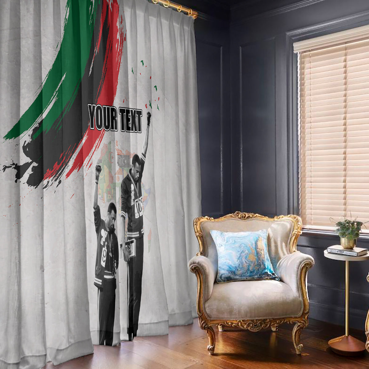 Light gray window curtain panel with Juneteenth print and 'YOUR TEXT' on black figures