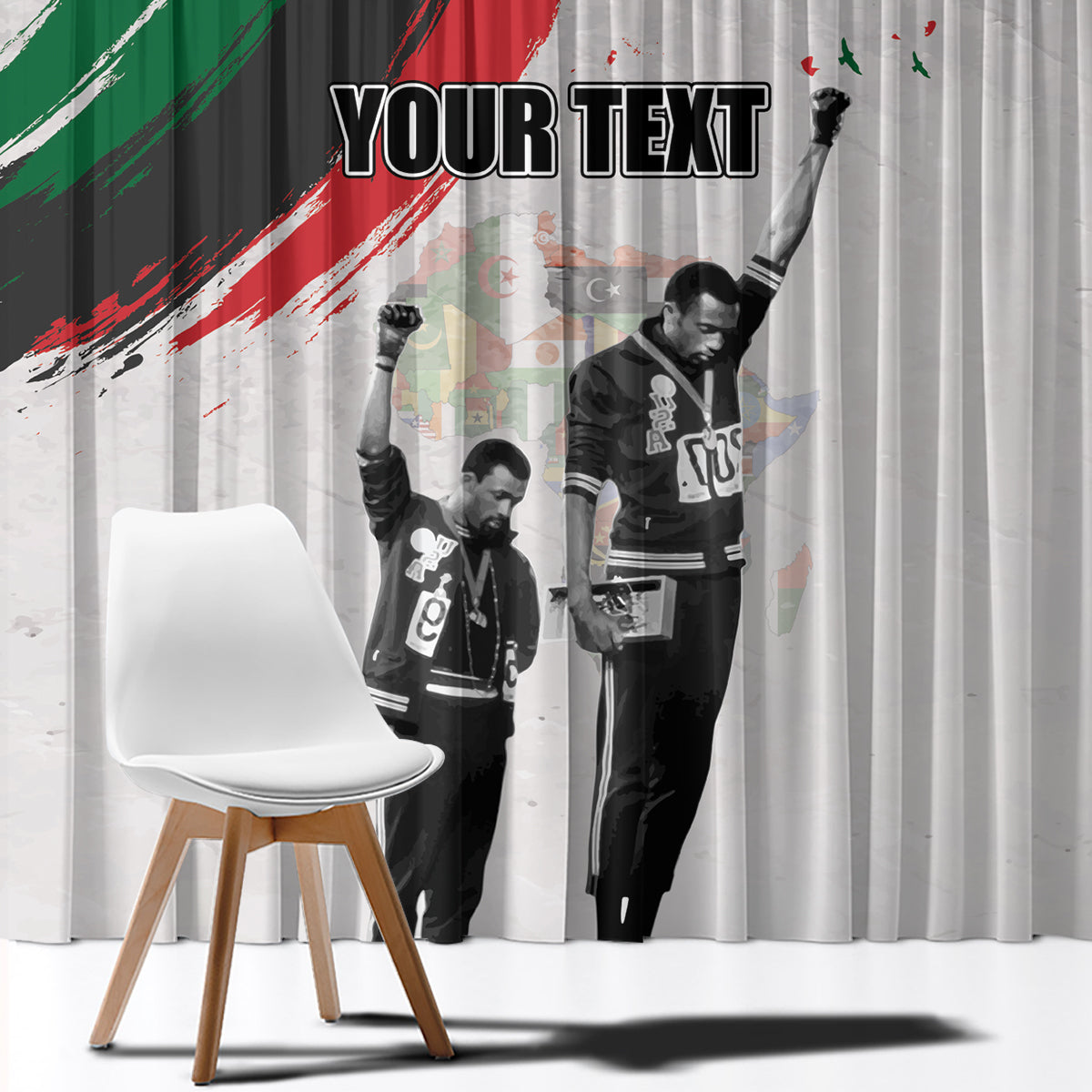 Light gray curtain with large 'YOUR TEXT' at top over Juneteenth photo print