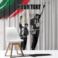 Light gray curtain with large 'YOUR TEXT' at top over Juneteenth photo print