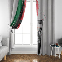 Light gray curtain with printed Juneteenth panel and 'YOUR TEXT' centered on black figures