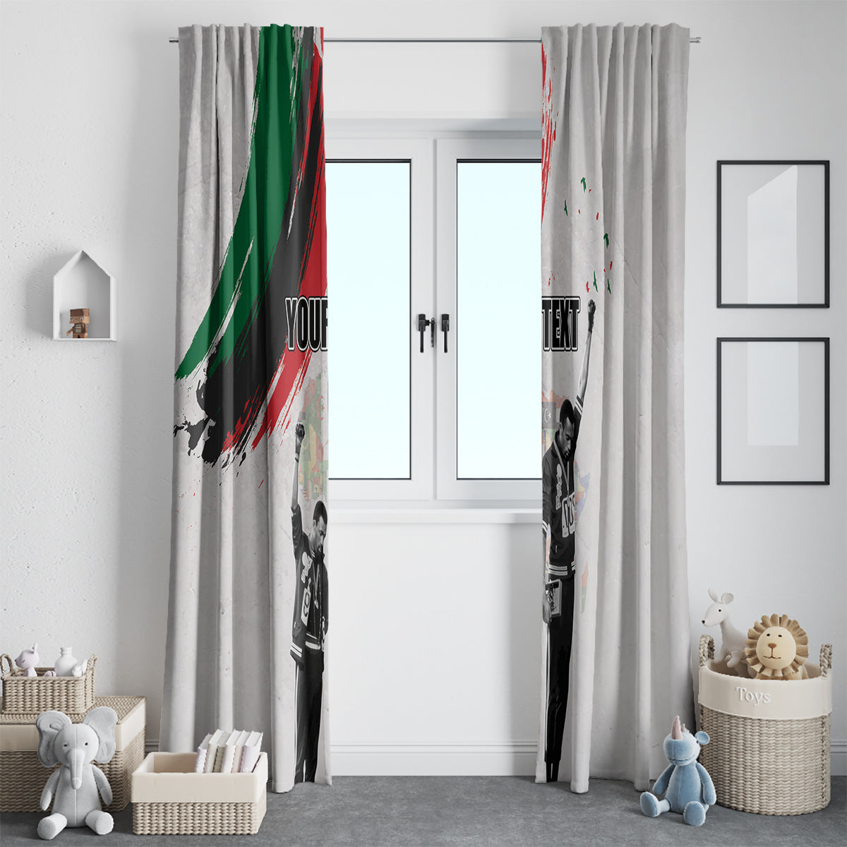 Set of light gray window curtains showing Juneteenth print with 'YOUR TEXT' placeholder