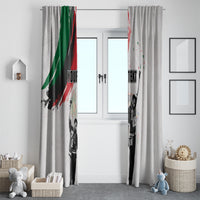 Set of light gray window curtains showing Juneteenth print with 'YOUR TEXT' placeholder