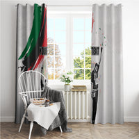 Light gray curtain pair with Juneteenth artwork and 'YOUR TEXT' placeholder near edge