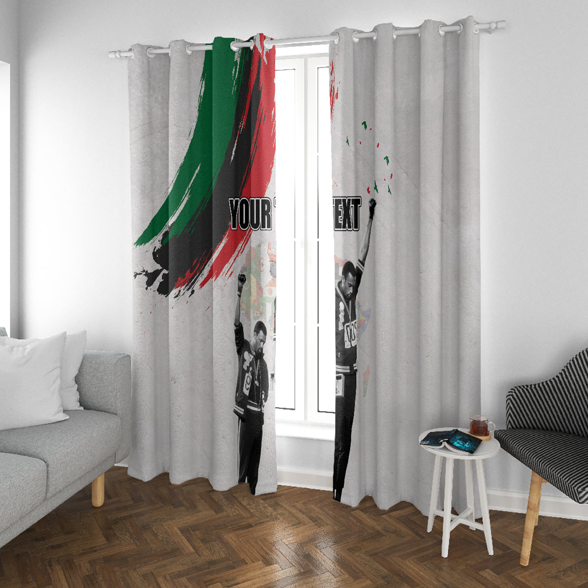 Light gray window curtains with Juneteenth print and vertical 'YOUR TEXT' text panel
