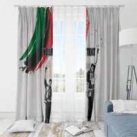 Light gray window curtain with Juneteenth photo print and 'YOUR TEXT' on both panels