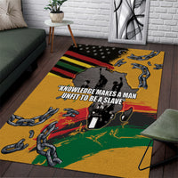 Yellow area rug with black star panel, chain graphics, and red green stripe design