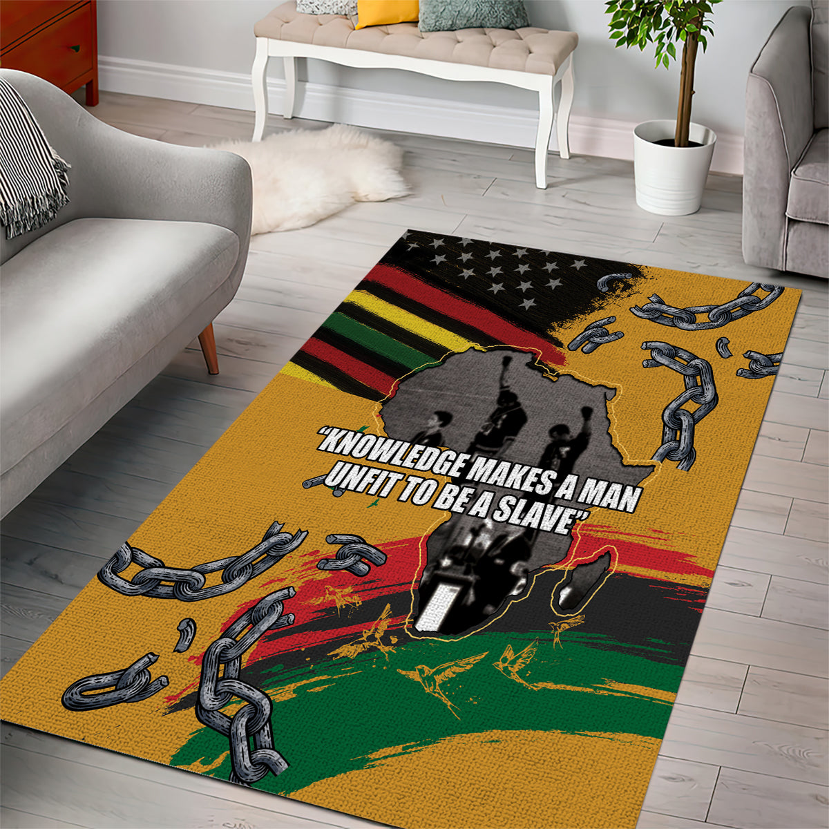 Yellow patriotic area rug with chains, raised fist silhouette, and bold slogan text