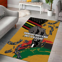 Yellow patriotic area rug with chains, raised fist silhouette, and bold slogan text