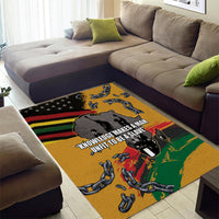 Yellow area rug with chain links, star header, and black-and-red green banner pattern