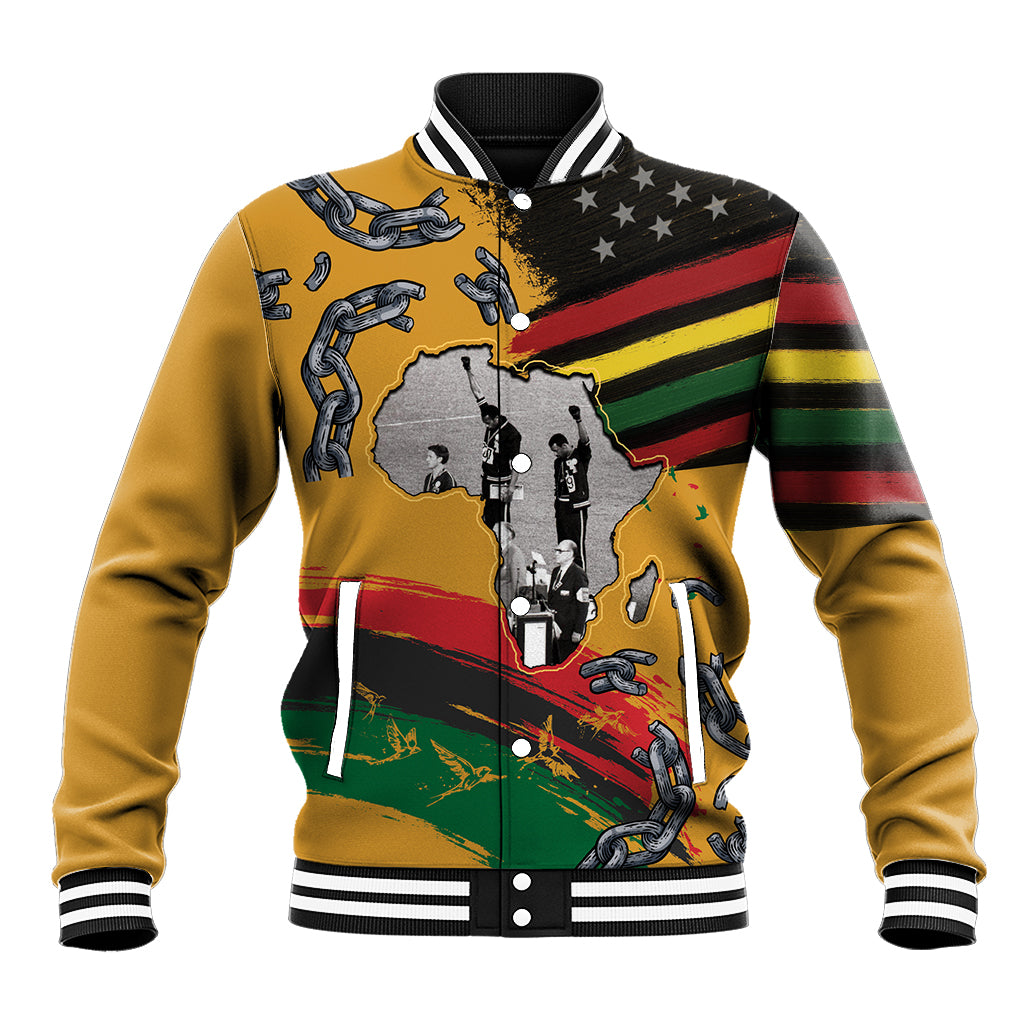 Yellow baseball jacket with black striped ribbed collar and front graphic print