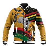 Yellow baseball jacket with black striped ribbed collar and front graphic print